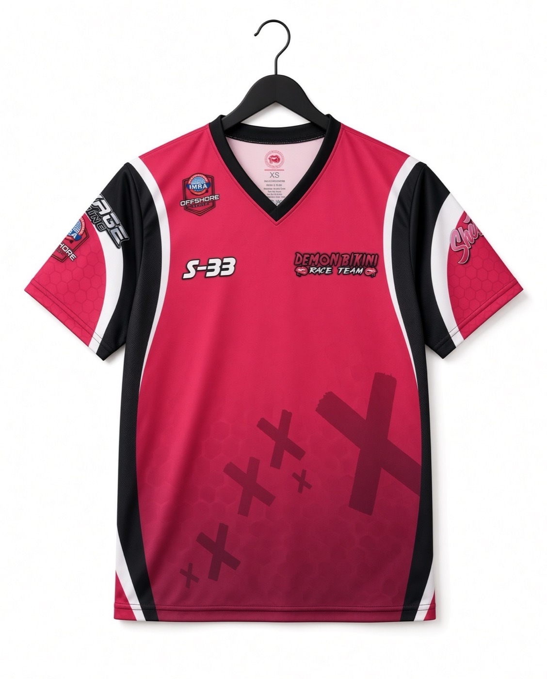Demon Bikini Race Team S-33 jersey in pink with black sleeves and white side panels