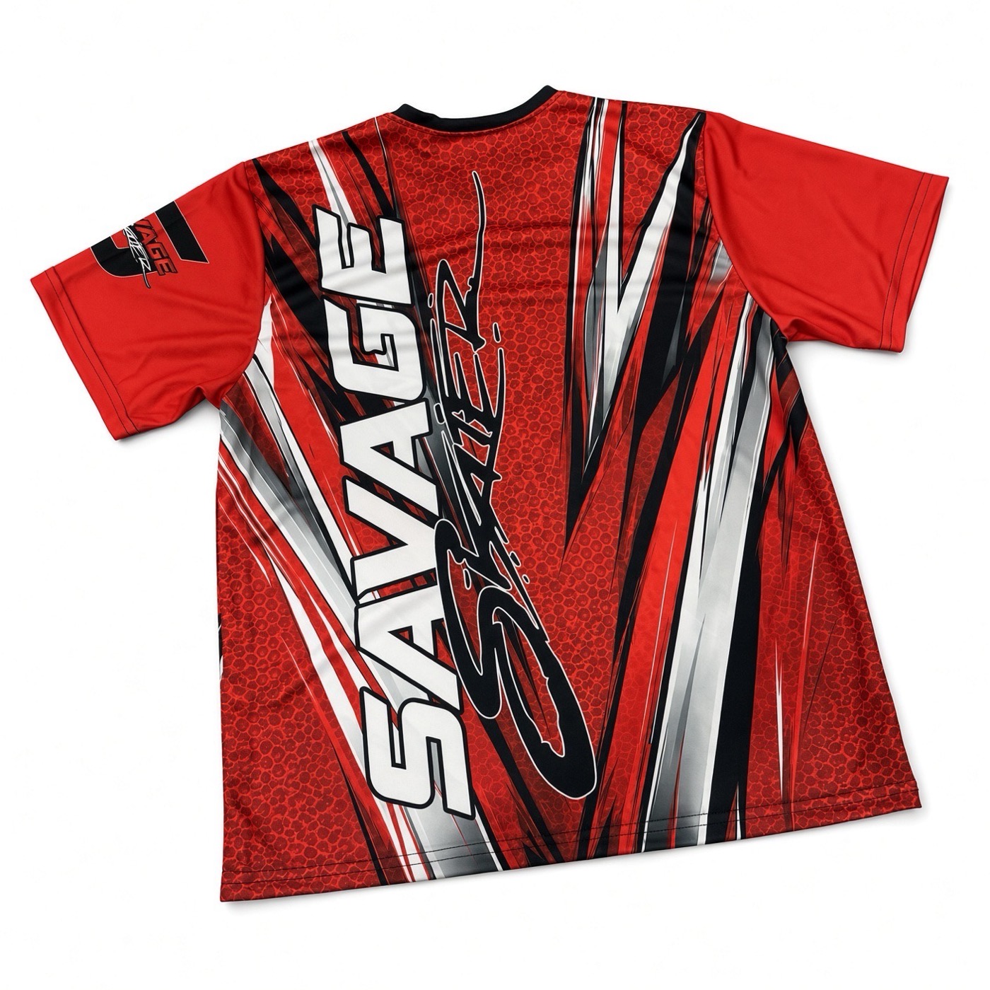 Back of a red Savage Skater t-shirt with the logo running vertically through the artwork